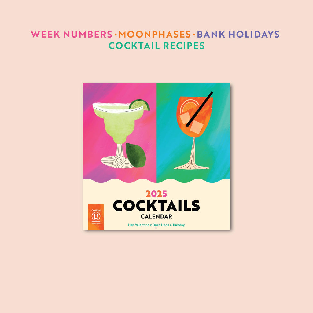 2025 cocktail calendar. monthly recipes. illustrated calendar. art calendar. square planner.