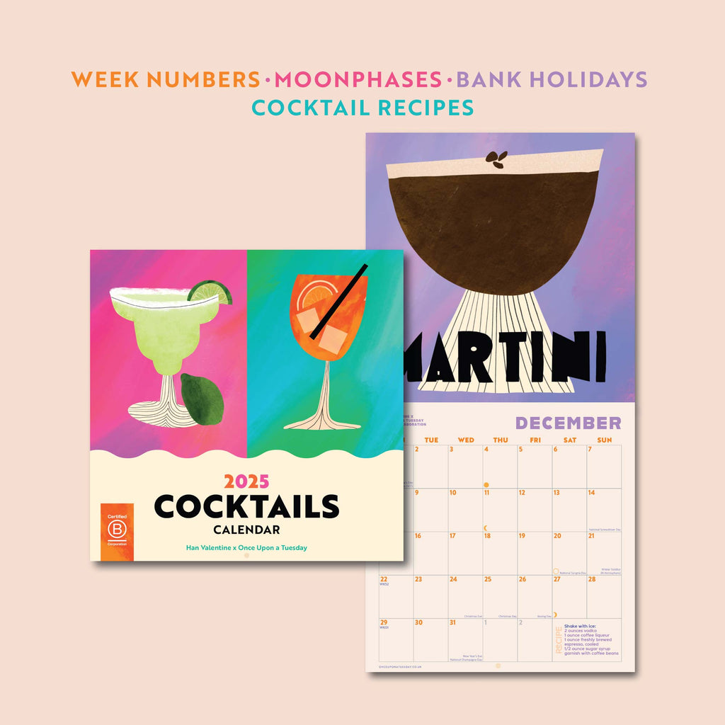 Cocktail Calendar. 2025 large square calendar. Art planner. illustrated calendar. 100% recycled paper. Made in the UK.