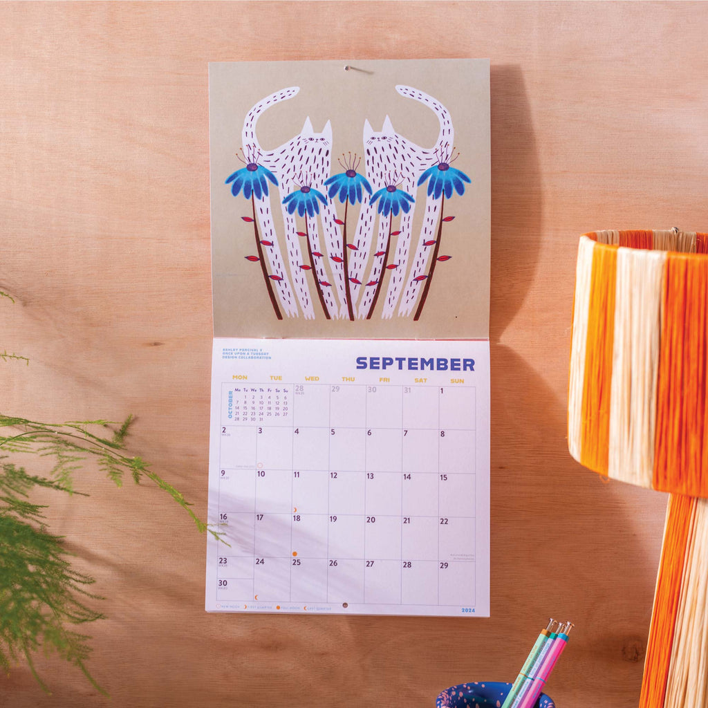 academic square art calendar. cat calendar. 2024-2025 planner. back to school planner. mid year calendar. 100% recycled paper. made in the UK.