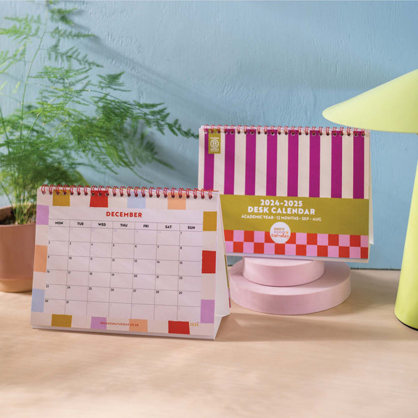academic year desk calendar. 2024-2025. 100% recycled paper. freestanding flip calendar. checks and stripes.