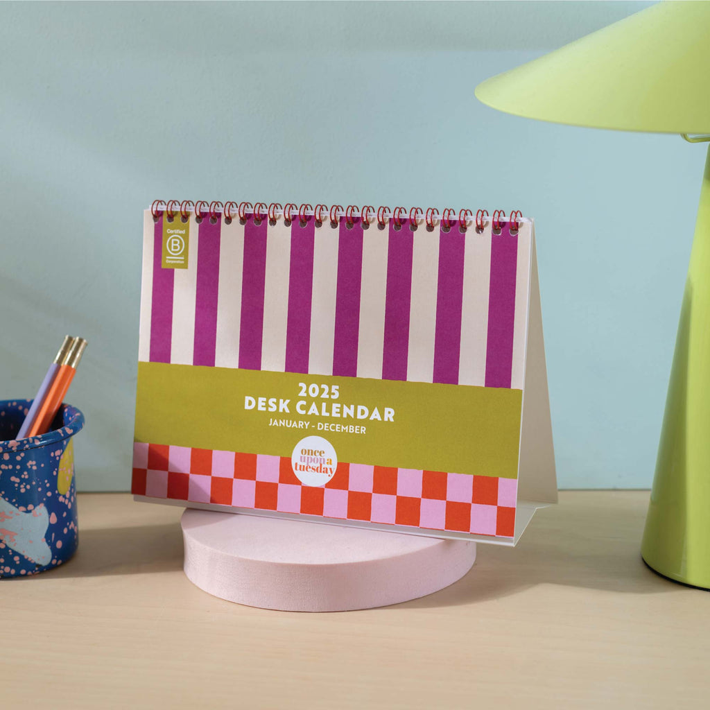 2025 desk calendar, A5 size. Bright Colours. Checks and Stripes. 100% Recycled Paper and made in the UK.
