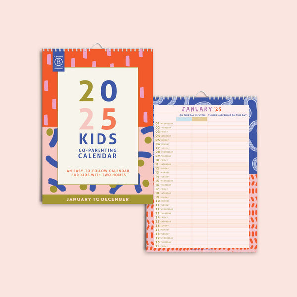 2025 kids calendar. co parenting calendar. calendar for kids. two homes. 100% recycled paper