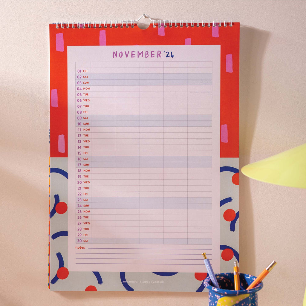 5 column family planner. academic year planner. 2024-2025 family calendar. 100% recycled paper. made in the UK. Colourful and bold planner.