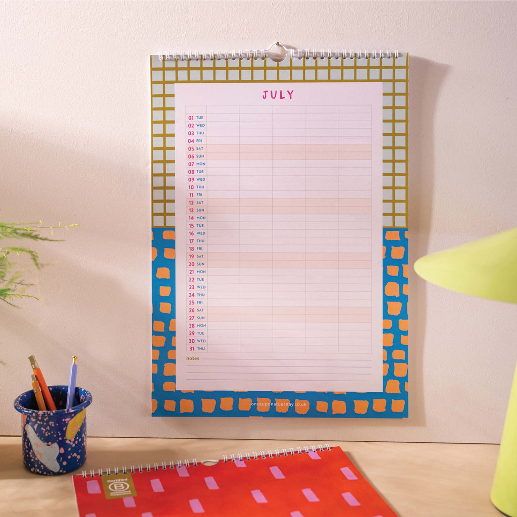 5 column family planner. 2025 year planner. 2025 family calendar. 100% recycled paper. made in the UK. Colourful and bold planner.