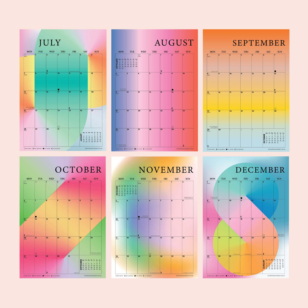 2025, A4 hanging wall calendar in our gradient grid design. 100% recycled paper. Made in the UK.