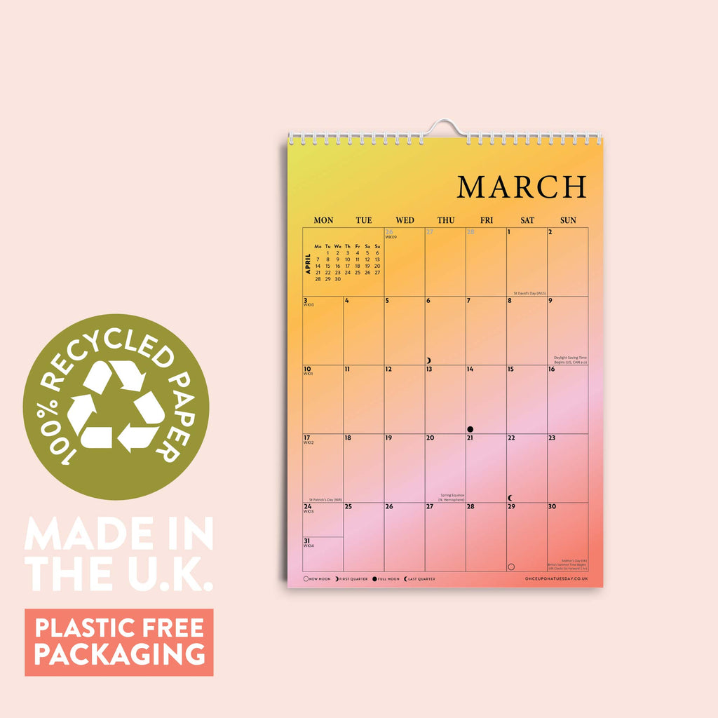 2025, A4 hanging wall calendar in our gradient grid design. 100% recycled paper. Made in the UK.