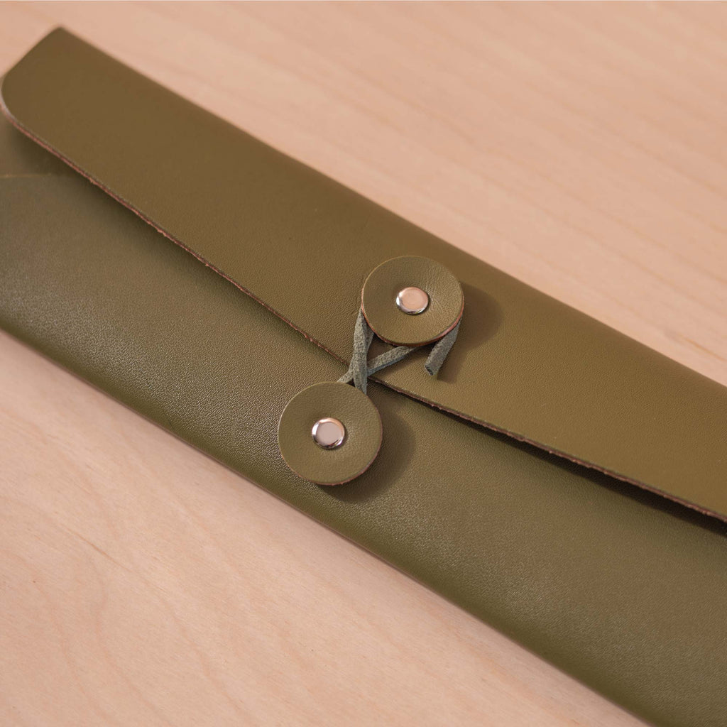 recycled leather pencil case with tie. Handmade in the UK