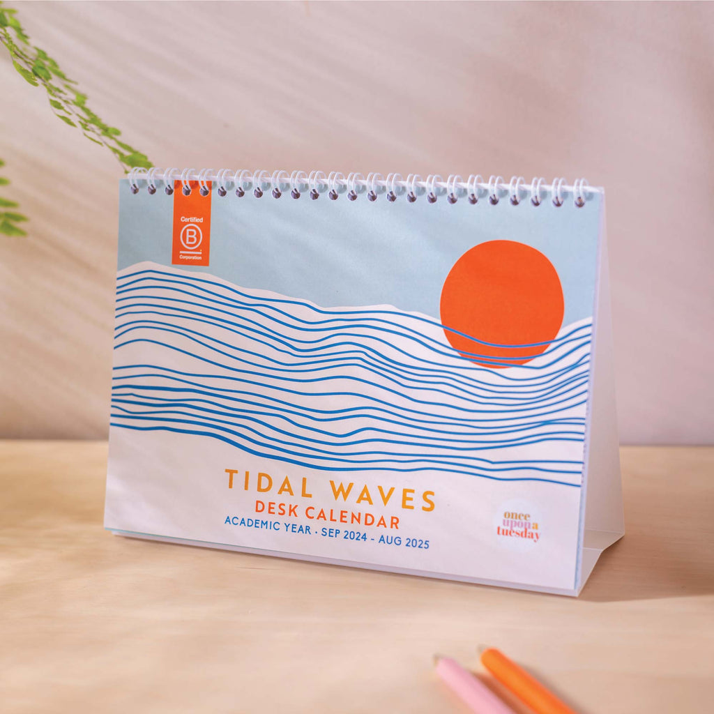 academic year 2024-2025 desk calendar, A5 size. Minimalist ocean inspired design. 100% Recycled Paper and made in the UK.