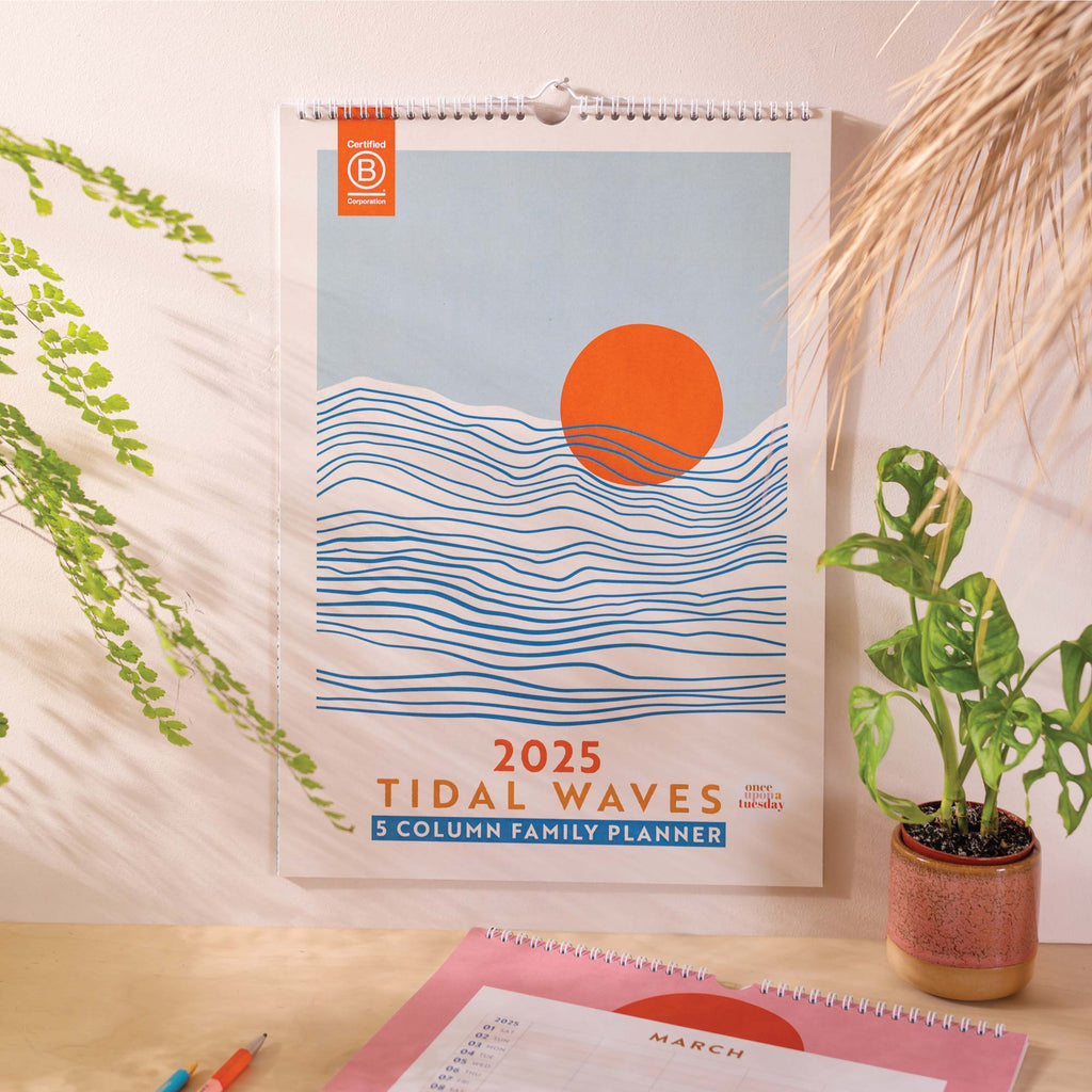 5 column family planner. 2025 year planner. 2025 family calendar. 100% recycled paper. made in the UK. Tidal waves. Ocean inspired.